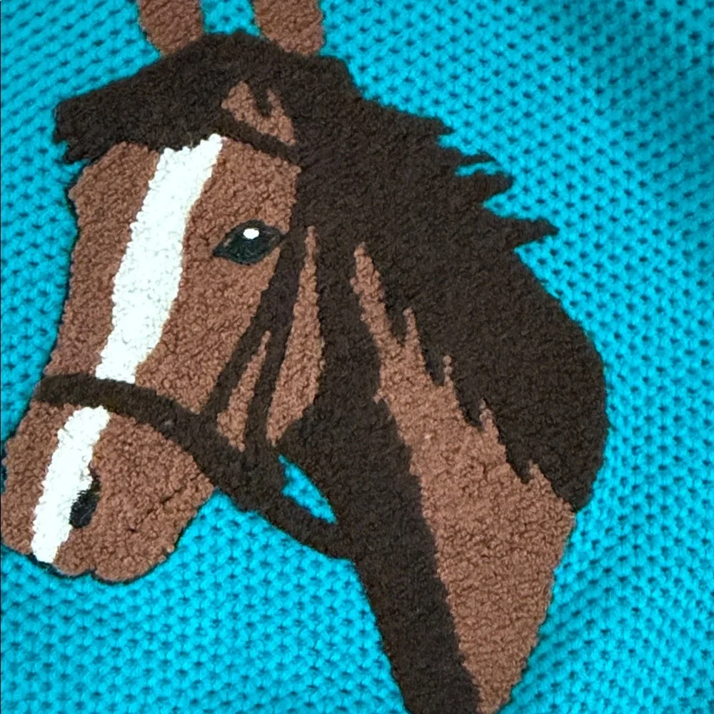 NWOT Cotton Rye Kids Blue Knit Horse Western Ribbed Waist and Wrist Sweater